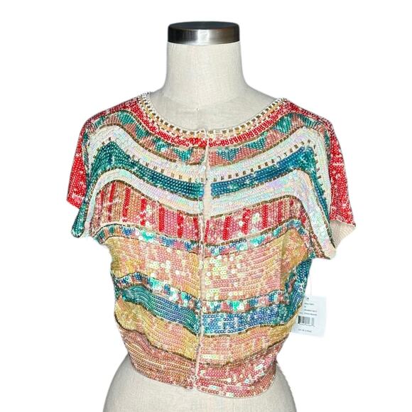 SEAN COMBS Sequined Multi Colorful Cropped Beaded Sequin Cardigan Sweater Medium - Picture 2 of 7